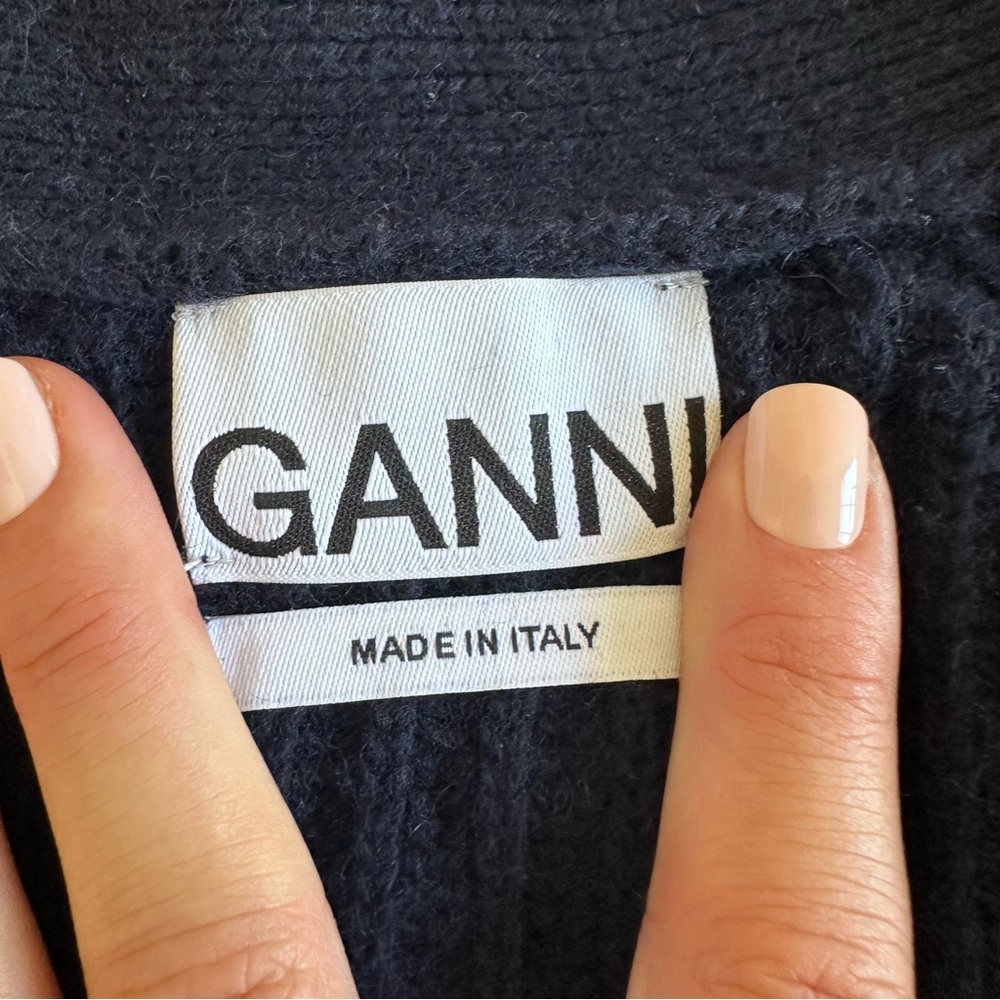 GANNI Cropped Navy Wool Blend Sweater Cardigan Size Medium - Picture 3 of 9